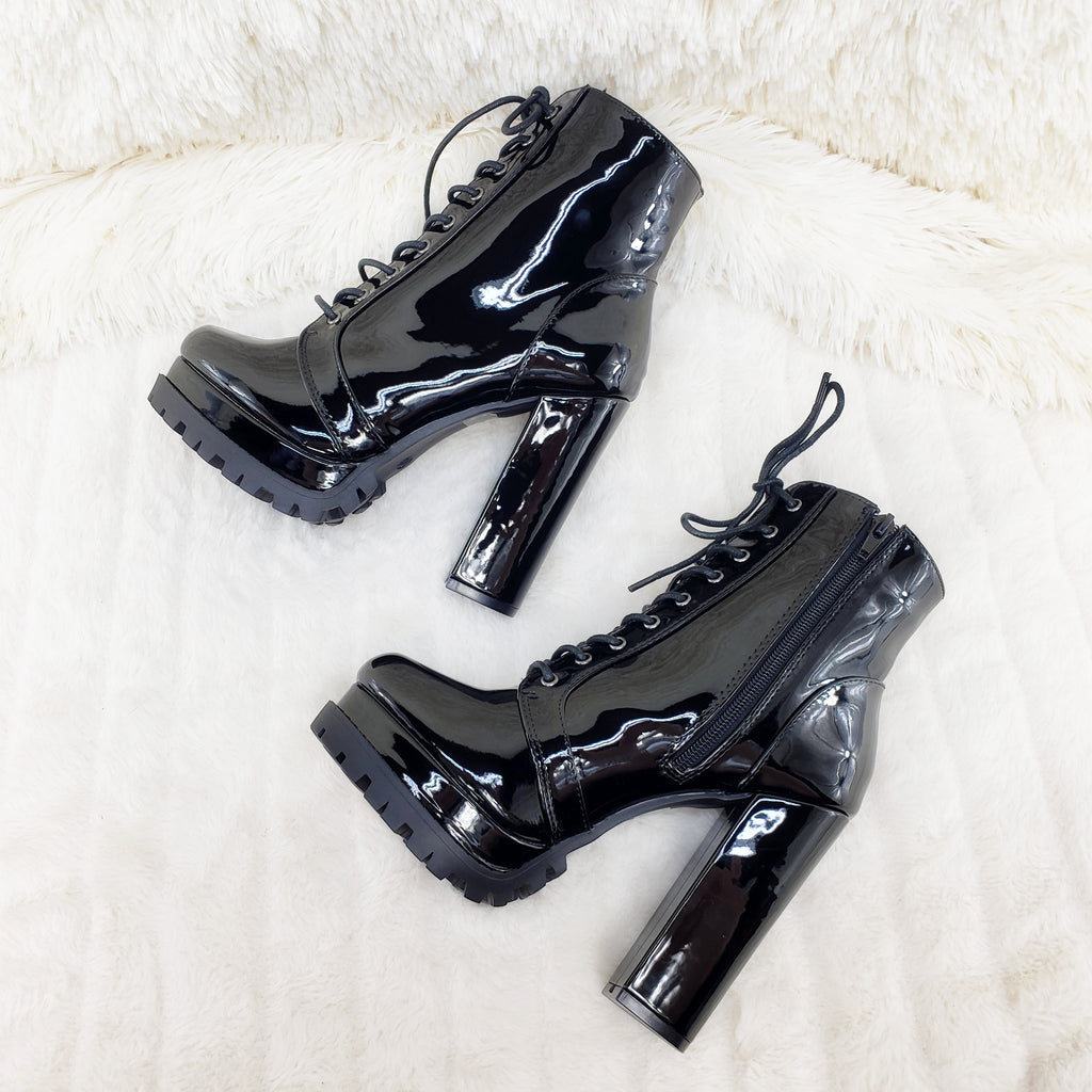 Wild Diva Vivian Black Patent Chunky Heel Platform Ankle Boots - Totally Wicked Footwear