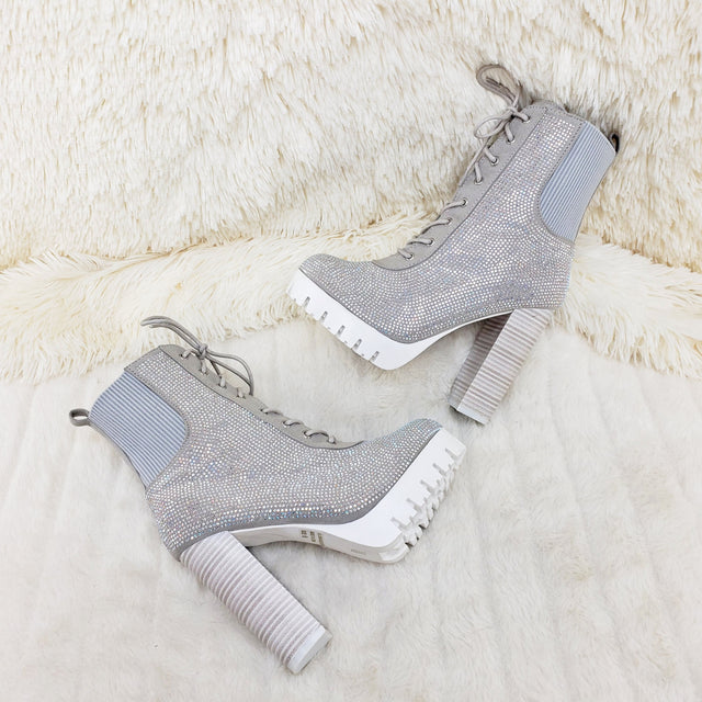 Wild Diva Veronica Rhinestone Chunky Heel Ankle Boots Gray - Totally Wicked Footwear