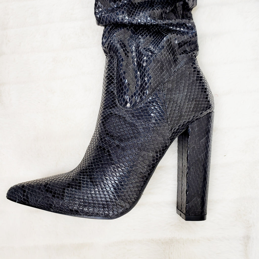 Sexy Thigh Chunky Heel Thigh High Chap Boots Black Snake - Totally Wicked Footwear