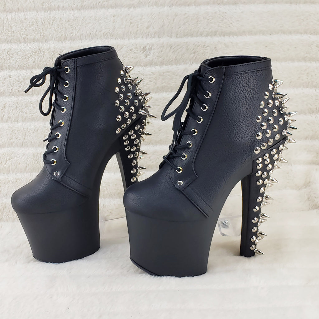Fearless 700-28 Black Matte 7" Spiked Stud High Heel Platform Ankle Boots - Totally Wicked Footwear