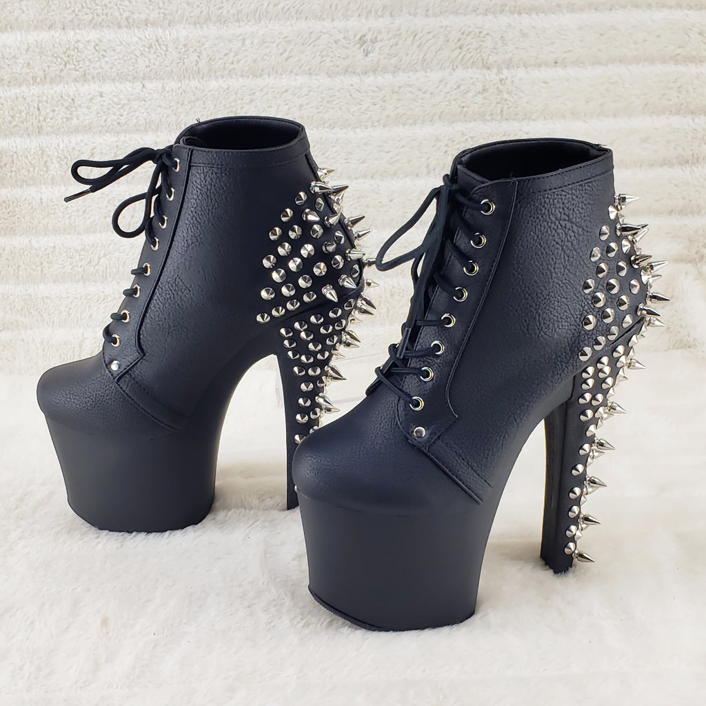 Fearless 700-28 Black Matte 7" Spiked Stud High Heel Platform Ankle Boots - Totally Wicked Footwear