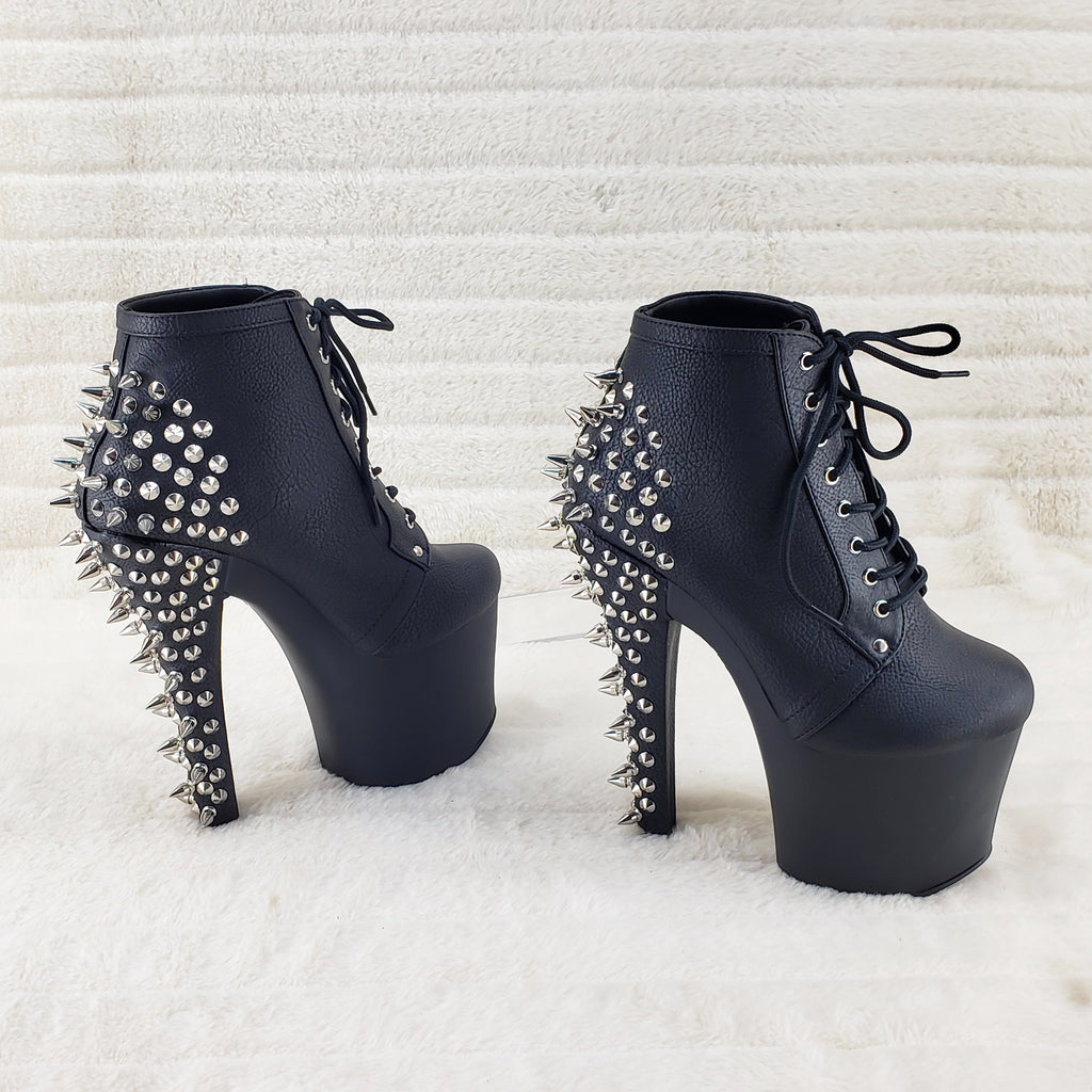 Fearless 700-28 Black Matte 7" Spiked Stud High Heel Platform Ankle Boots - Totally Wicked Footwear