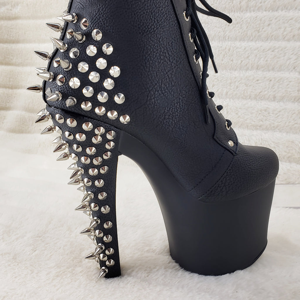 Fearless 700-28 Black Matte 7" Spiked Stud High Heel Platform Ankle Boots - Totally Wicked Footwear