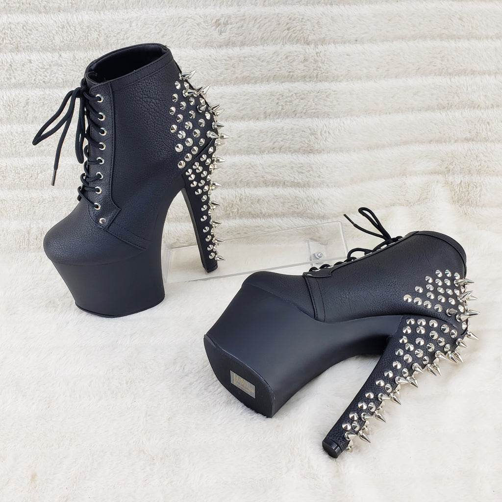 Fearless 700-28 Black Matte 7" Spiked Stud High Heel Platform Ankle Boots - Totally Wicked Footwear