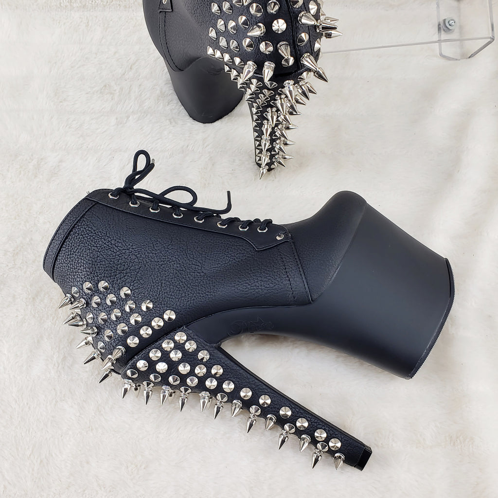 Fearless 700-28 Black Matte 7" Spiked Stud High Heel Platform Ankle Boots - Totally Wicked Footwear