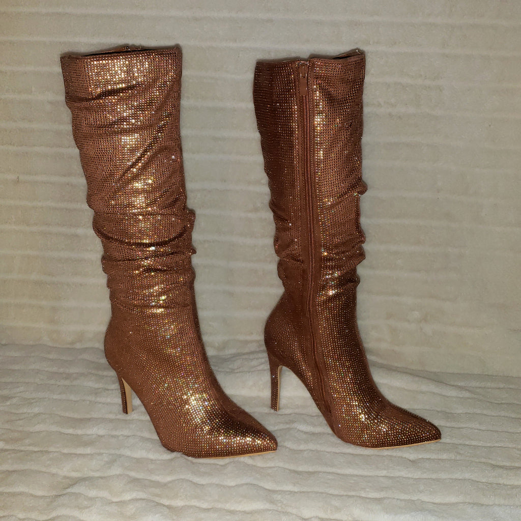 Sparkle Trend Brown Rhinestone Slouchy Scrunch High Heel Knee Boots - Totally Wicked Footwear