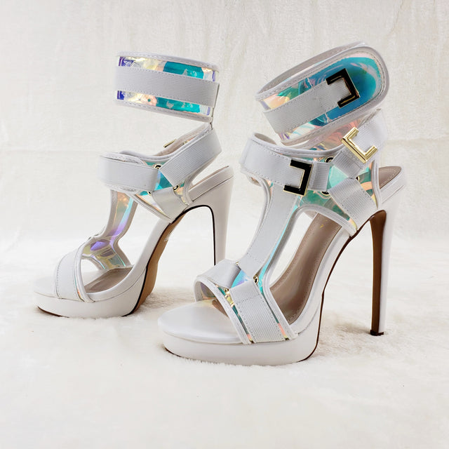 Scorpio White Hologram Strap 5" High Heel Harness Strap Shoe US Sizes 7-10 - Totally Wicked Footwear