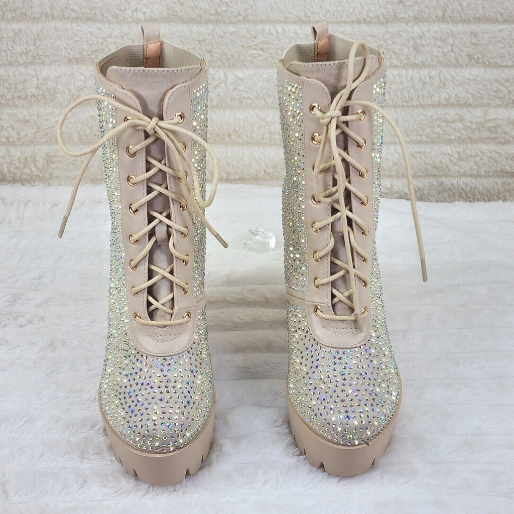 Barri Nude Beige Cream Rhinestone Chunky Heel Platform Ankle Boots - Totally Wicked Footwear