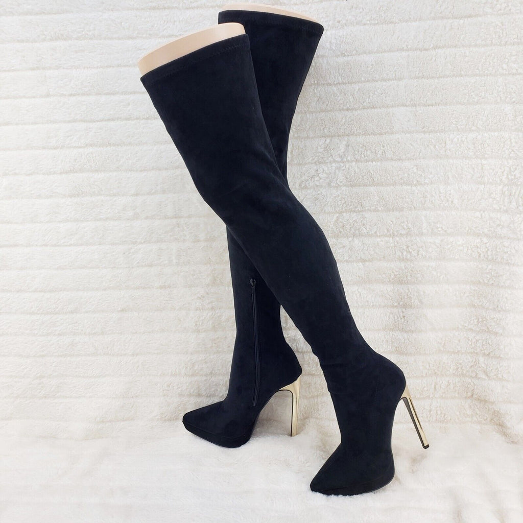 Sexy Girlz Faux Stretch Black Suede High Heel Pointy Toe Platform Thigh Boots - Totally Wicked Footwear