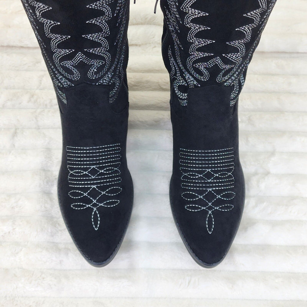 Bella Western Mid-calf Cowboy Cowgirl Boots Tan Low 1.5" Heels Black Faux Suede - Totally Wicked Footwear