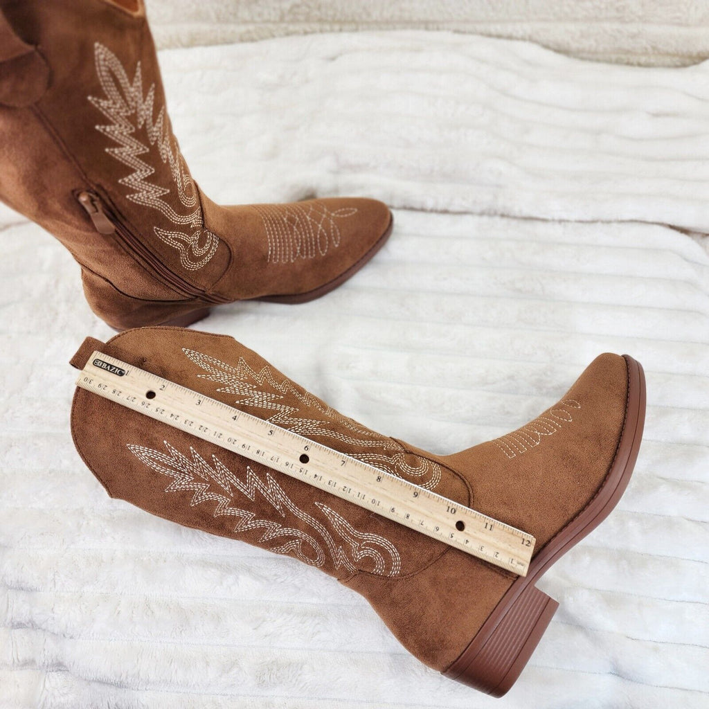 Bella Western Mid-calf Cowboy Cowgirl Boots Tan Low 1.5" Heels Tan Faux Suede - Totally Wicked Footwear