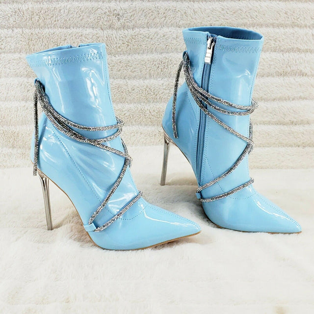 Destiny Baby Blue Stretch Patent Cable Rhinestone Strap High Heel Ankle Boots - Totally Wicked Footwear