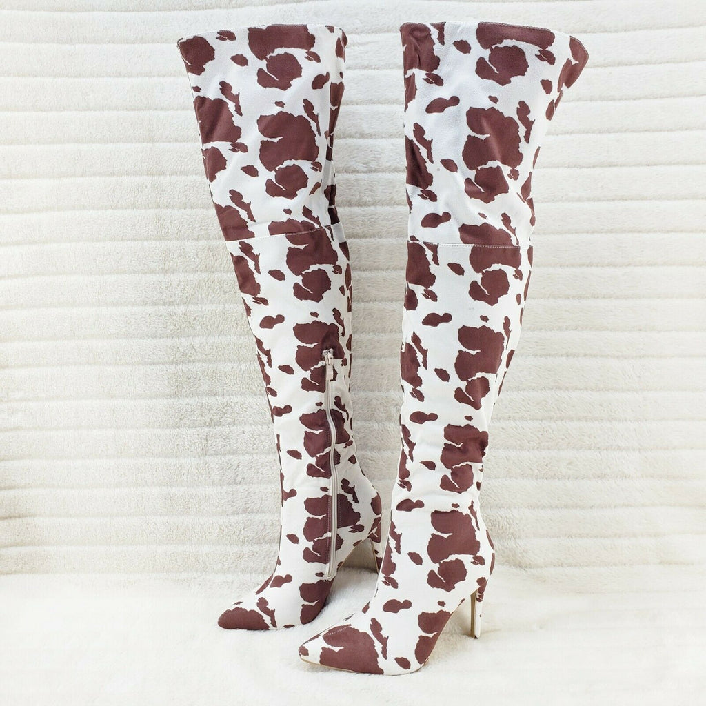 Bad Girlz Brown Cow Print Wide Top Thigh High Boots 4" Heels - Totally Wicked Footwear