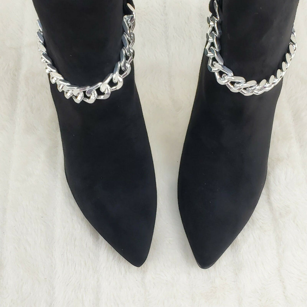 Mata Black FX Suede & Chain Sexy Pointy Toe 4" Stiletto High Heel Ankle Boots - Totally Wicked Footwear