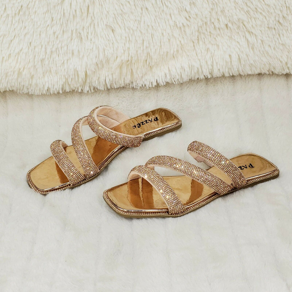 Sparkle Triple Padded Strap Slip On Rose Gold Rhinestone Sandals - Totally Wicked Footwear