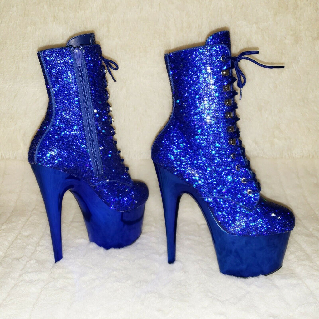 Blue 1020CHRS Bejeweled Rhinestone 7" High Heel Chrome Platform Ankle Boots NY - Totally Wicked Footwear