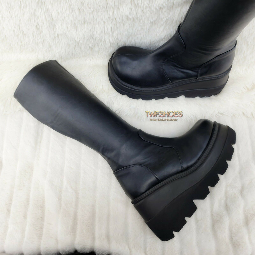 Demonia Shaker 100 Black Matte Platform 4.5" Wedge Heel Knee Boots NY - Totally Wicked Footwear