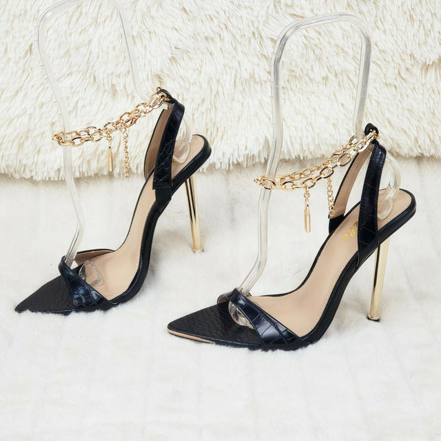 Nicely Pad Lock Chain Strap High Heels Metal Toe Tip Shoes Black - Totally Wicked Footwear