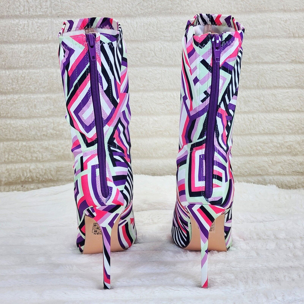 Odin Crazy Wild Color Pattern High Heel Stretch Fabric Ankle Boots - Purple Pink - Totally Wicked Footwear