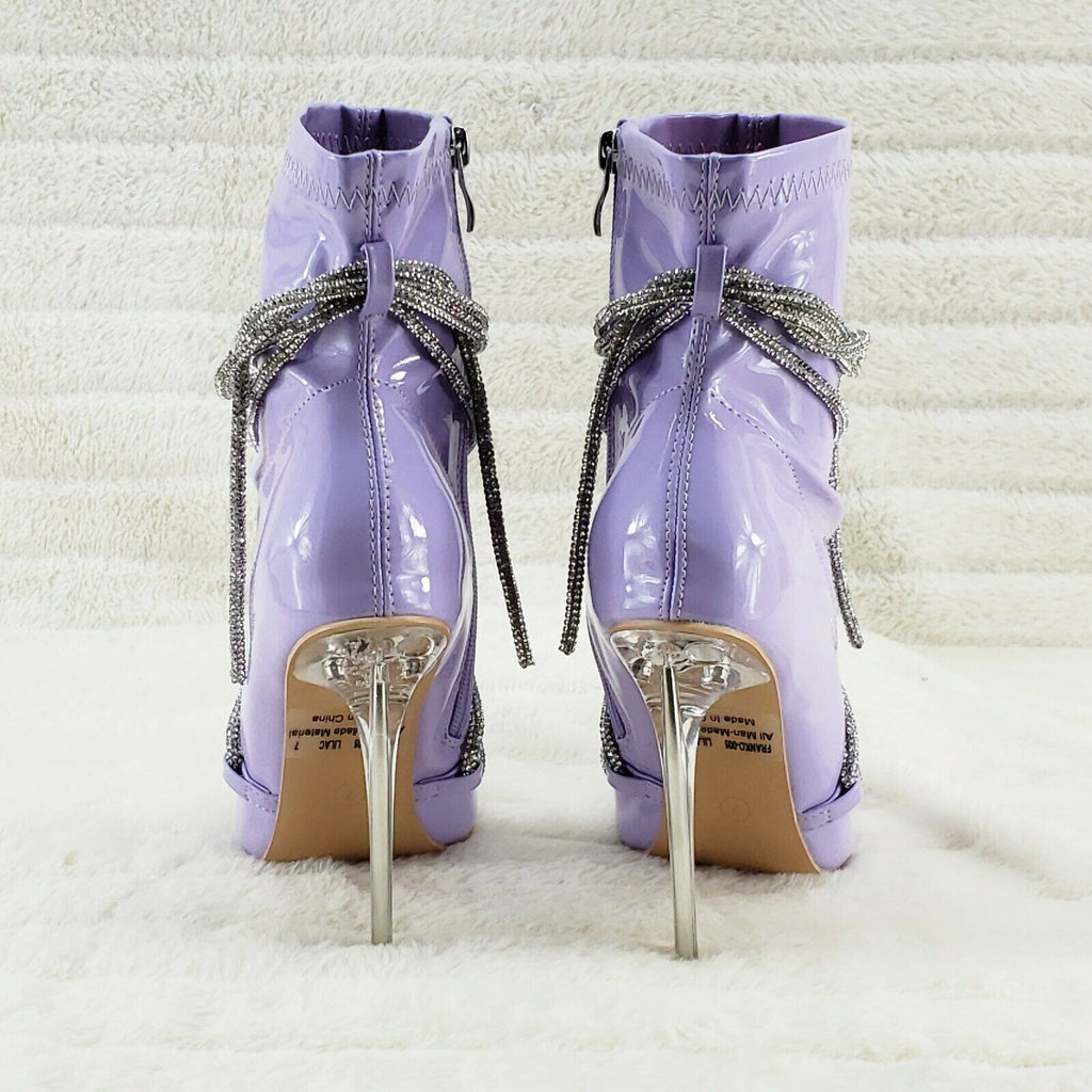 Destiny Lilac Purple Stretch Patent Cable Rhinestone Strap High Heel Ankle Boots - Totally Wicked Footwear