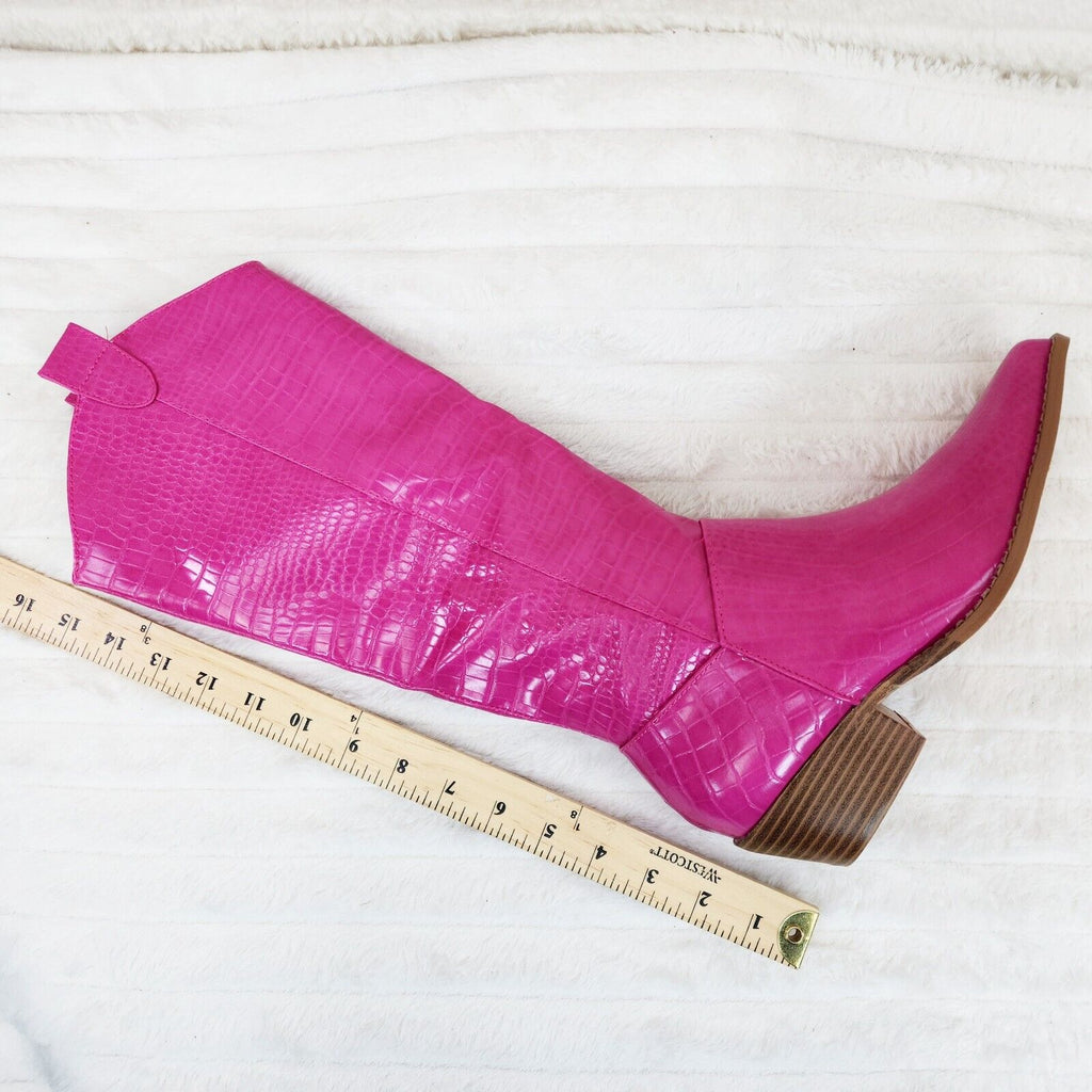 Sissy Fuchsia Pink Snake Texture Western Knee High 2" Heel Cowgirl Boots - Totally Wicked Footwear