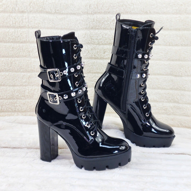 Shiney Black Patent Lug Sole Studded Strap Ankle Boots Temptress - Totally Wicked Footwear