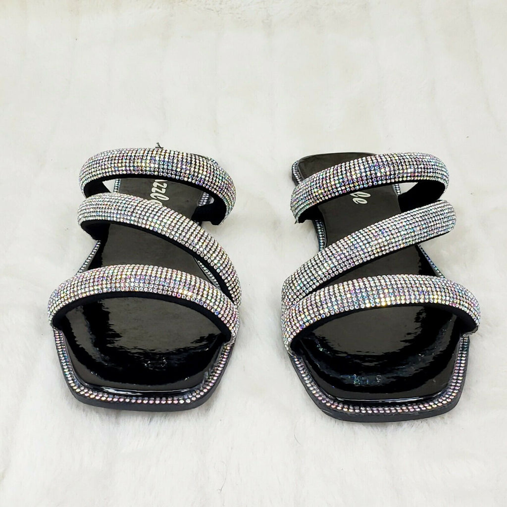 Sparkle Triple Padded Strap Slip On Iridescent Rhinestone Sandals Black - Totally Wicked Footwear