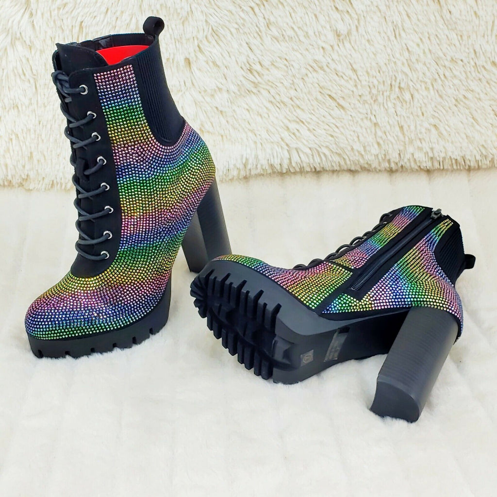 Wild Diva Veronica Rainbow Rhinestone Chunky Heel Ankle Boots Black - Totally Wicked Footwear