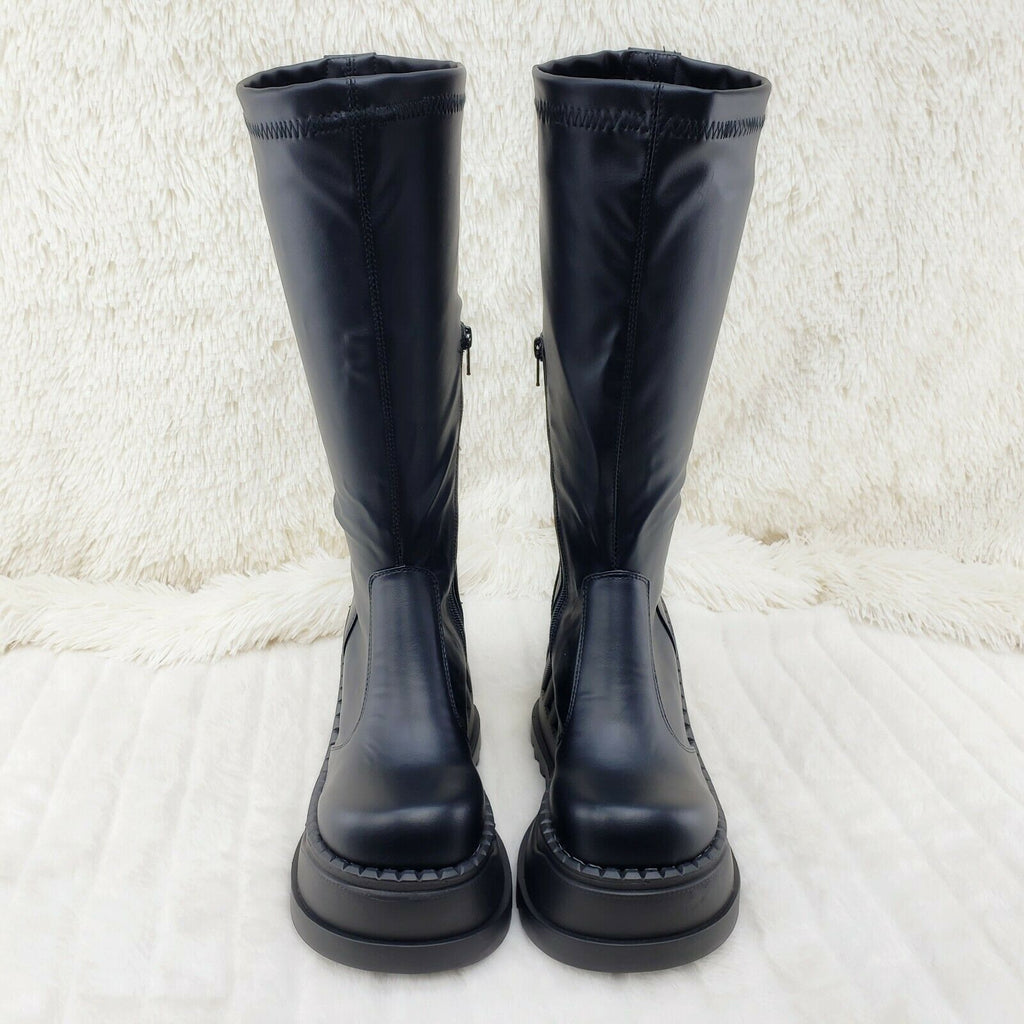 Demonia Stomp 200 Black Matte Platform Wedge Heel Knee Boots NY - Totally Wicked Footwear