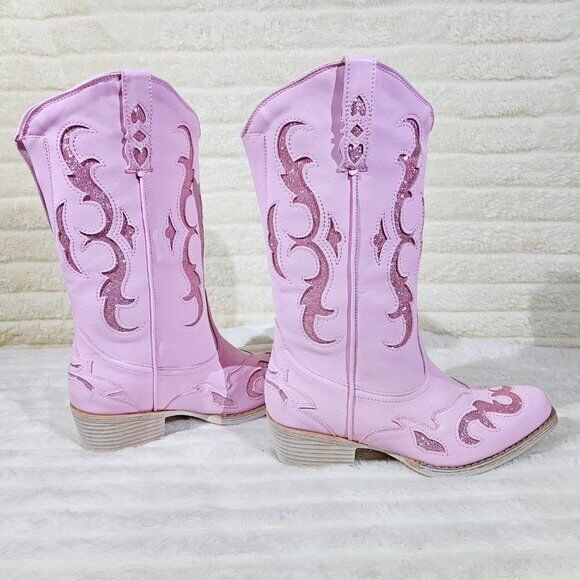 Dazzle Darlings Baby Pink Glitter Inset Cowboy Cowgirl Pull On Mid Calf Boots - Totally Wicked Footwear