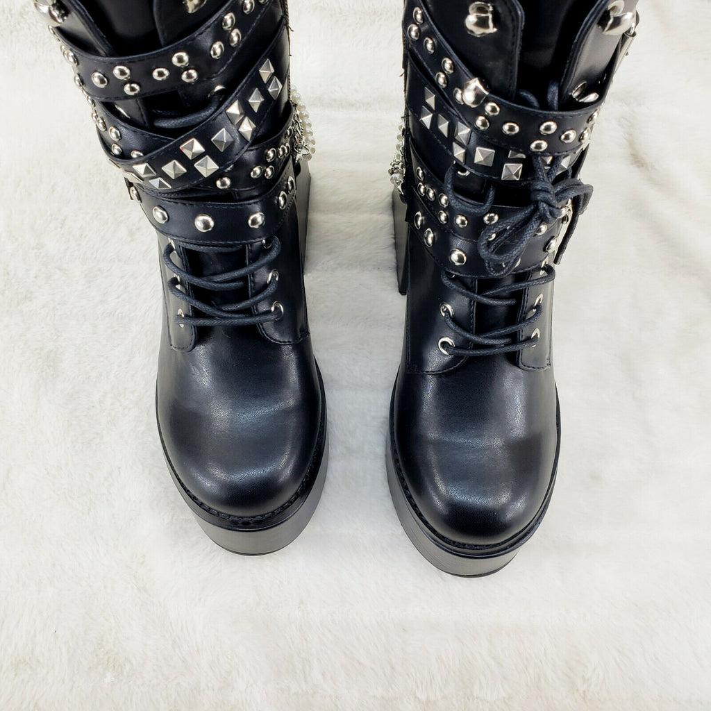 Ocho Black Ice Multipile Strap Platform Chunky Block Heel Ankle Boots - Totally Wicked Footwear