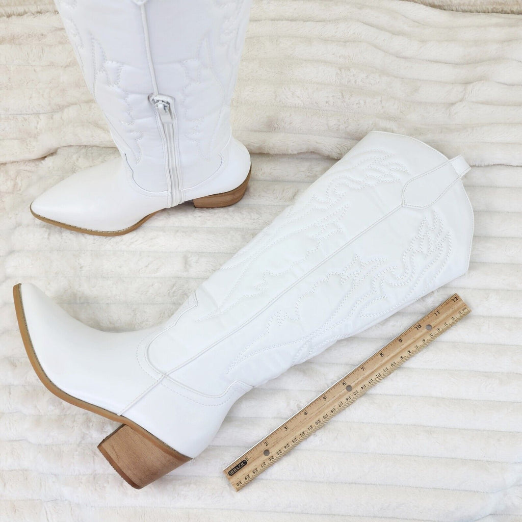 Country Rock White Cowgirl Cowboy Knee Boots Western Block Heels US Sizes - Totally Wicked Footwear