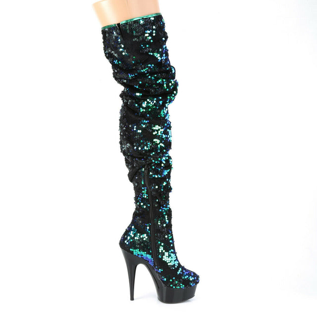 Delight 3004 Green Mermaid Sequin Slouchy Thigh High Boots 6" Heels Sizes 5-14 - Totally Wicked Footwear