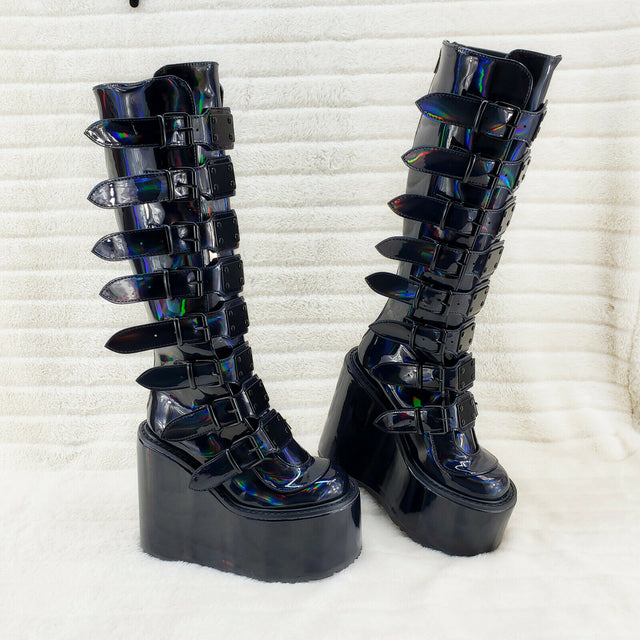 Swing 815 Black Oil Slick hologram Goth Punk Knee Boot 5.5" Platform In House - Totally Wicked Footwear