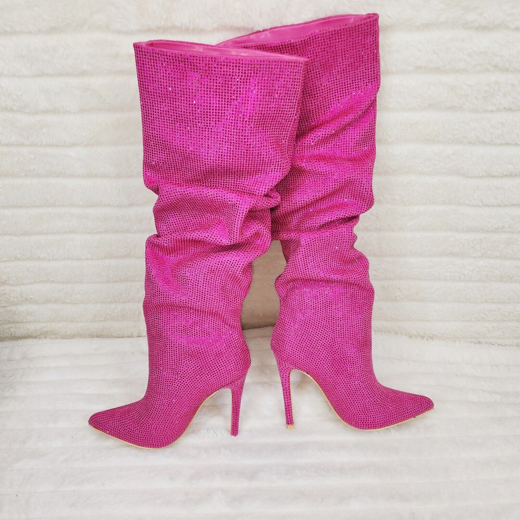 Radiant Fuchsia Pink Rhinestone High Heel Slouch Knee High Boots - Totally Wicked Footwear