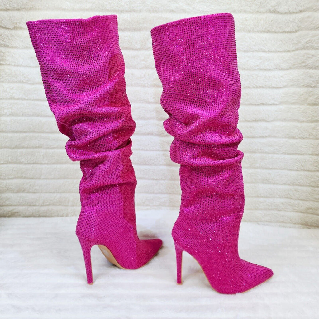 Radiant Fuchsia Pink Rhinestone High Heel Slouch Knee High Boots - Totally Wicked Footwear