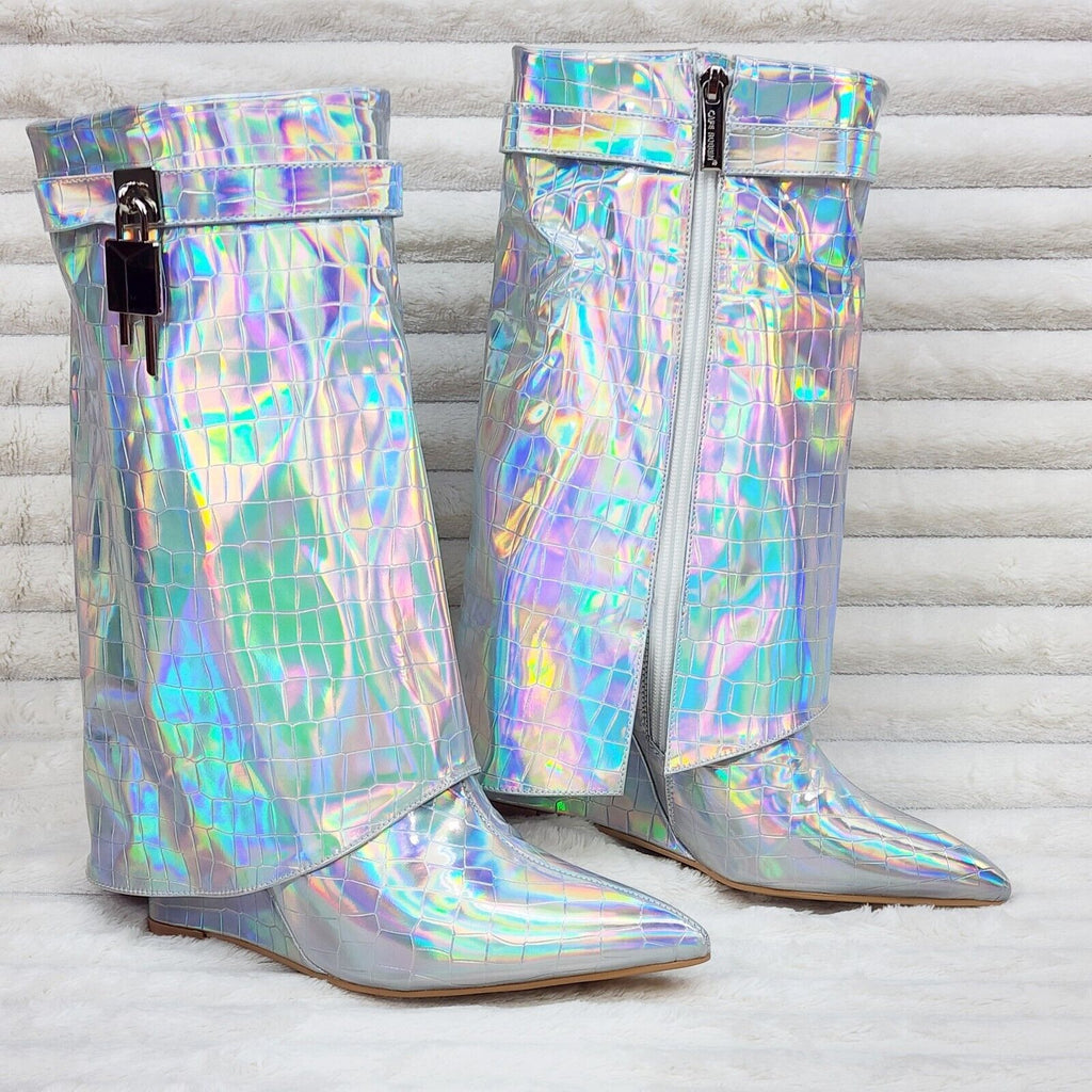 Vision Royal Silver Hologram Wedge Heel Fold Over Skirted Ankle Boots - Totally Wicked Footwear