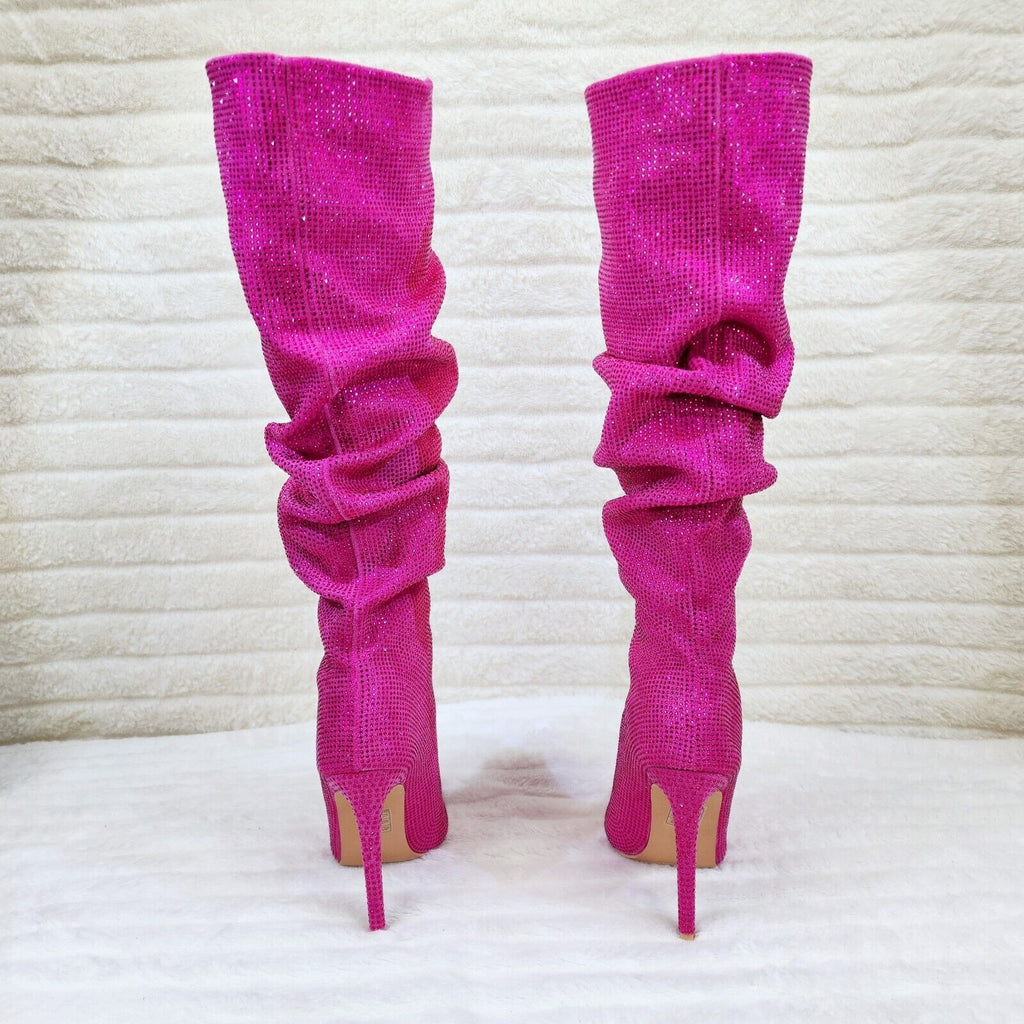 Radiant Fuchsia Pink Rhinestone High Heel Slouch Knee High Boots - Totally Wicked Footwear