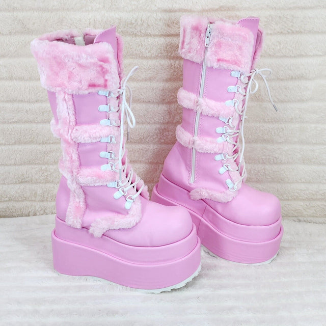 Bear 202 Pink Faux Fur / V Leather Platform Goth Punk Calf Boots NY Stomper - Totally Wicked Footwear