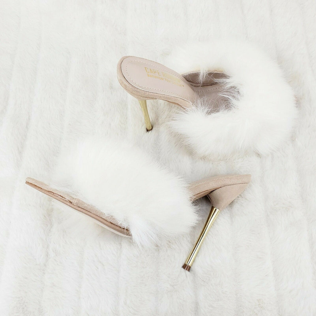 Fuji Furry Pointy Toe Slip On 4.5" Gold Tone Slim Heels Nude - Totally Wicked Footwear