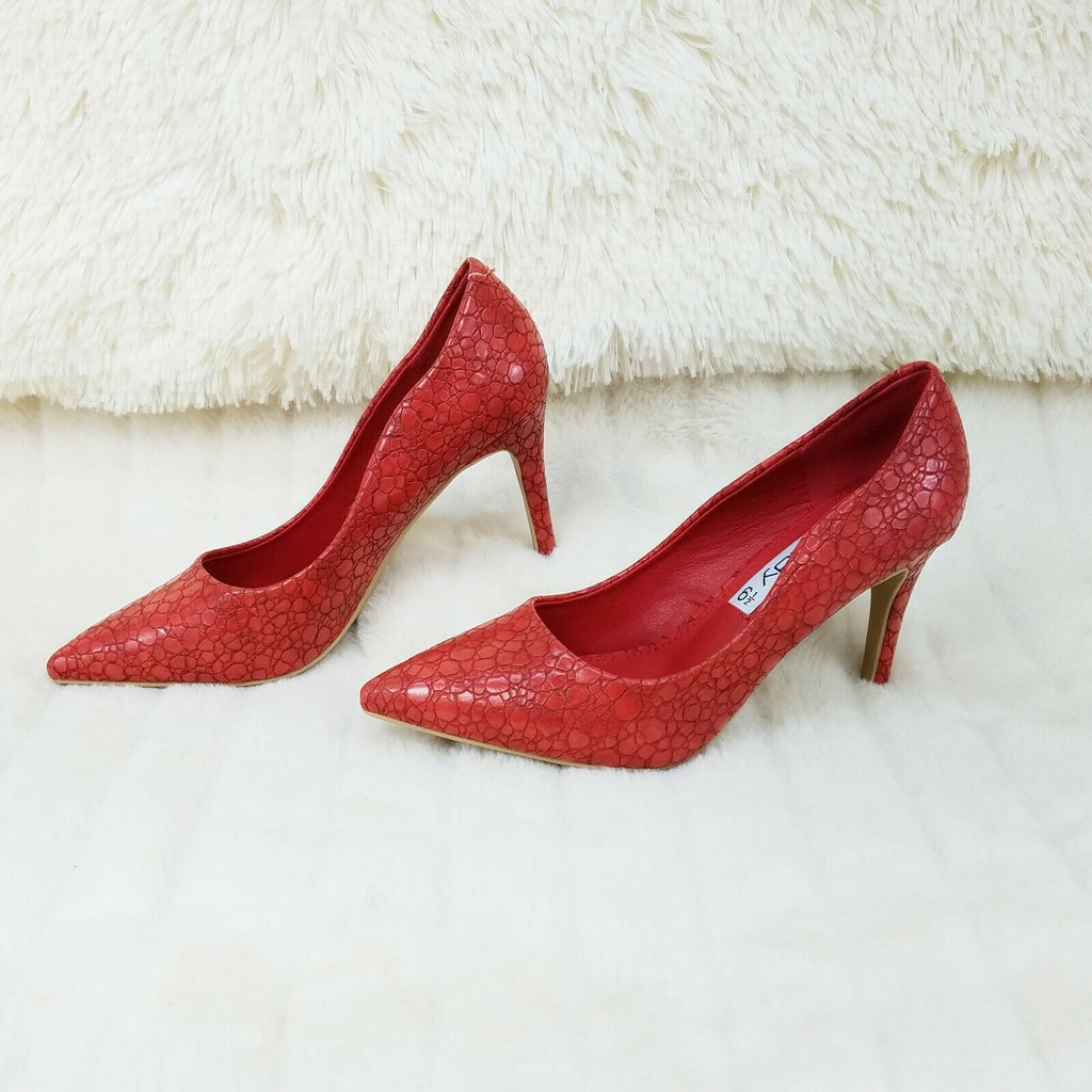 Monica Textured 3.5" Heel Pointy Toe Pump Shoes Red - Totally Wicked Footwear