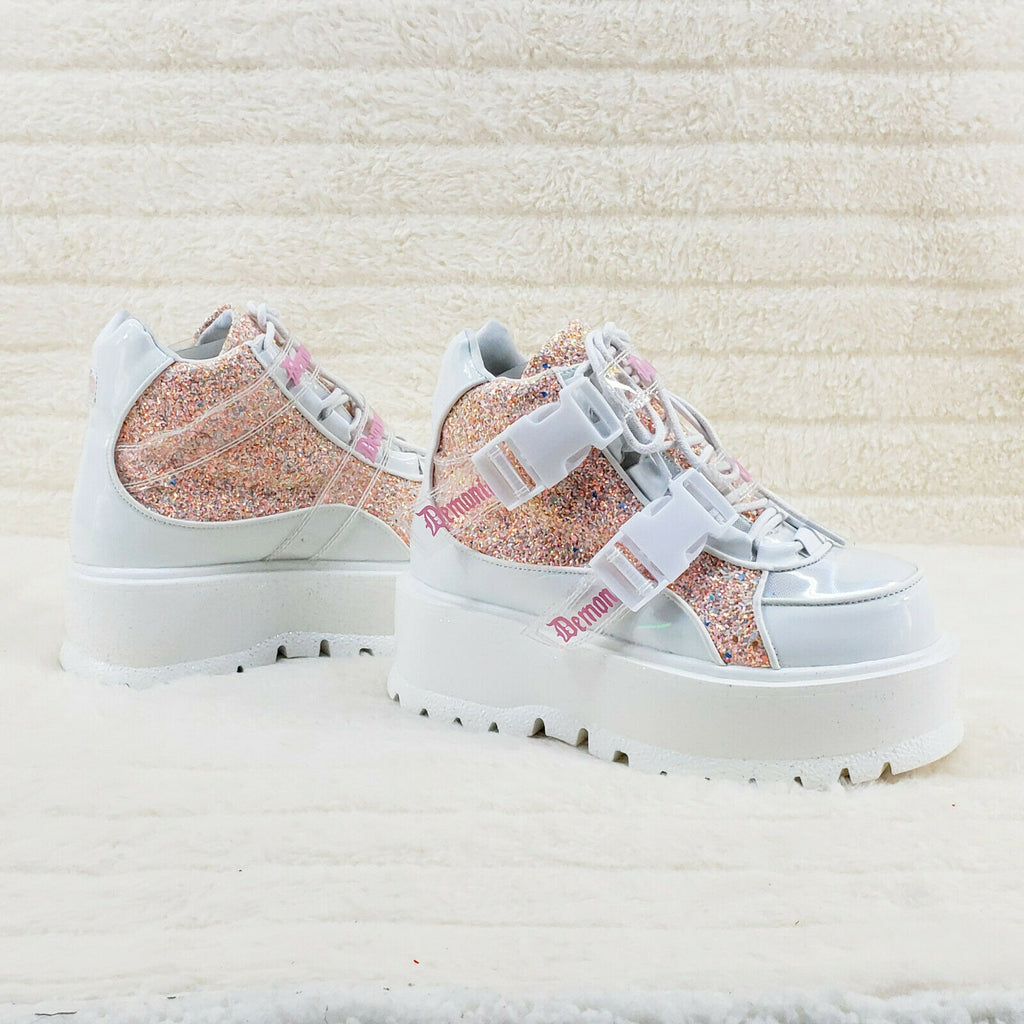 Slacker 50 White Pink Glitter Platform Sneaker Ankle Boots - Totally Wicked Footwear