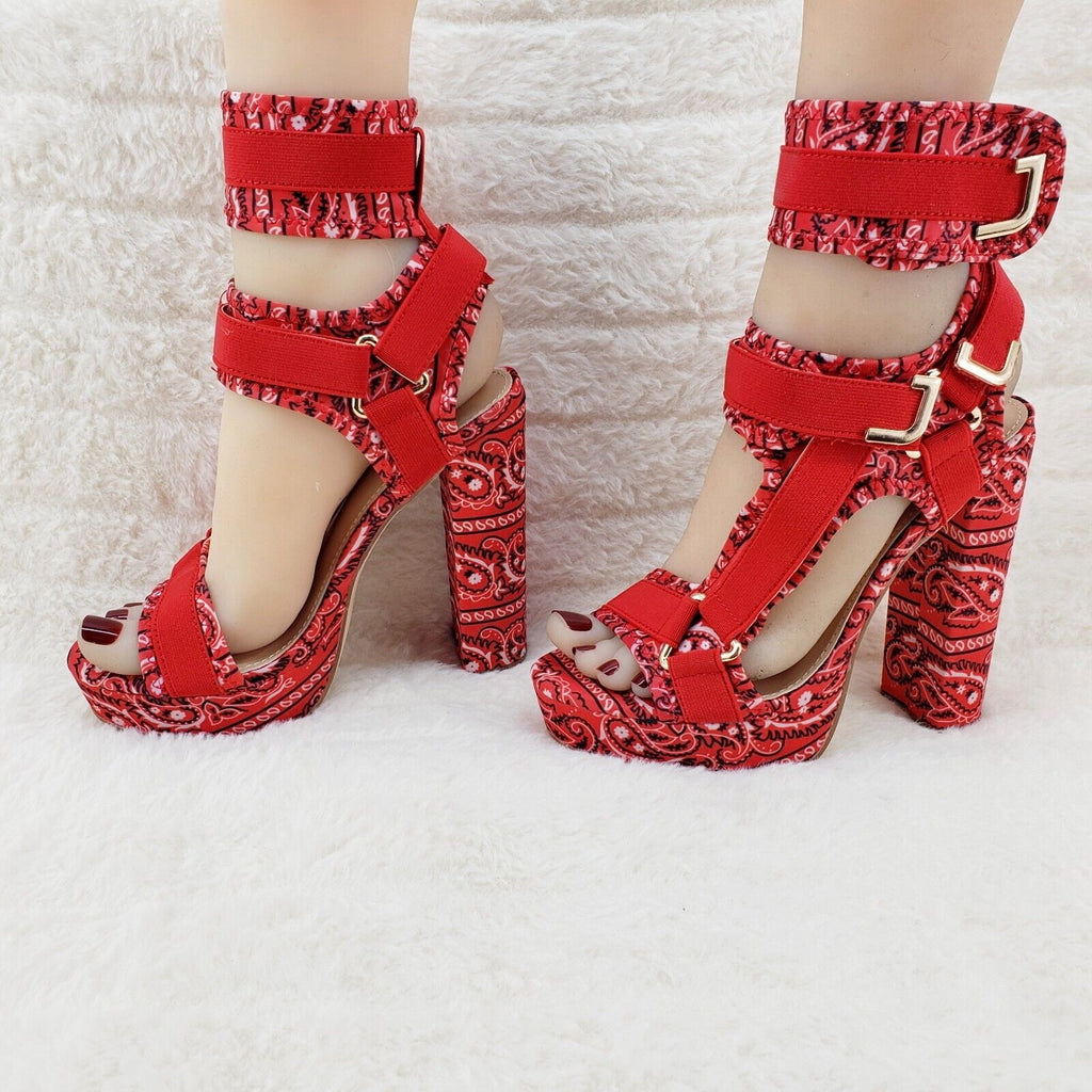 Red Bandanna  5.5" Chunky High Heel Harness Strap Shoe US Sizes 5.5-11 Bandana - Totally Wicked Footwear