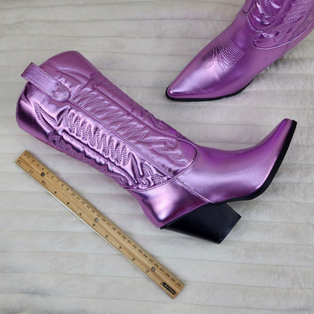 Disco Cowgirl Metallic Lilac Purple Cowboy Knee Boots Western Block Heels US - Totally Wicked Footwear
