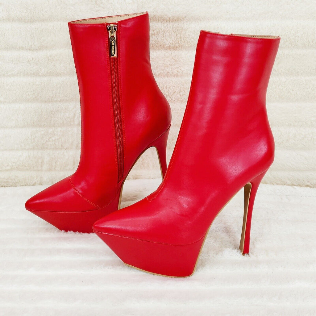 Kinder Pointy Toe Platform Stiletto Heel Ankle Boots Bright Red Stretch - Totally Wicked Footwear