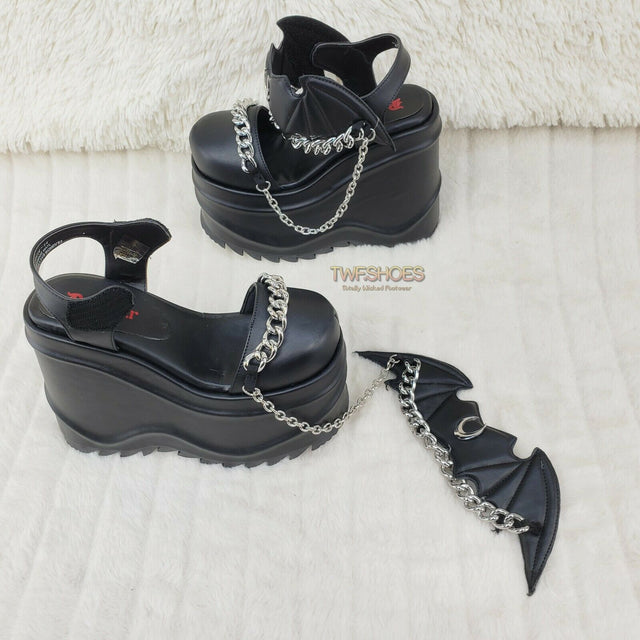 Wave 20 - 6" Platform Goth Bat Chain Closure Sandals Shoes Matte Black NY - Totally Wicked Footwear