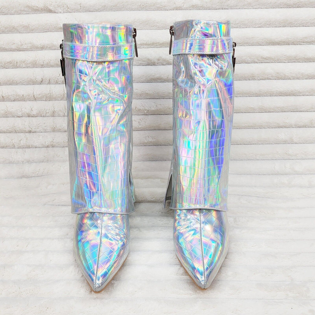 Vision Royal Silver Hologram Wedge Heel Fold Over Skirted Ankle Boots - Totally Wicked Footwear