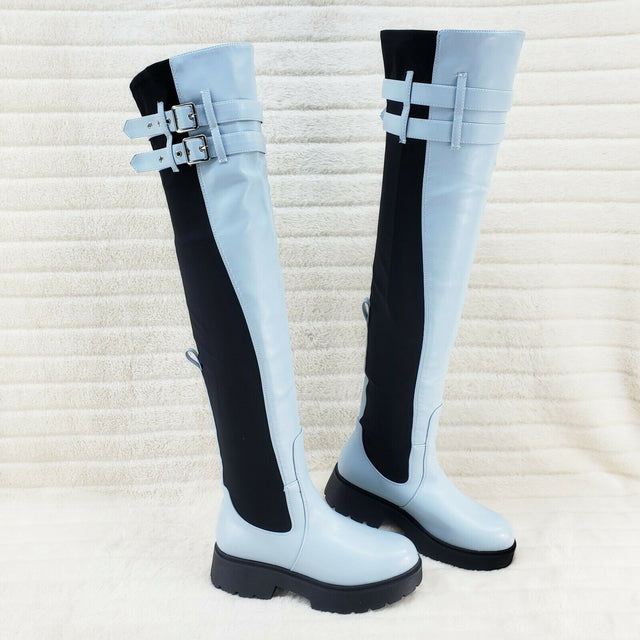 Techno Baby Blue Black Stretch Panel Lug Sole Thigh High Boots - Totally Wicked Footwear