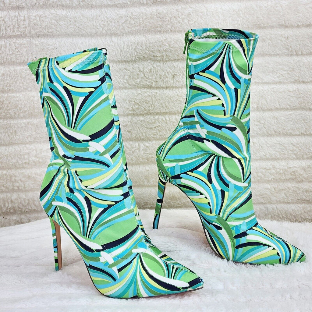Odin Crazy Wild Color Pattern High Heel Stretch Fabric Ankle Boots - Green Blue - Totally Wicked Footwear
