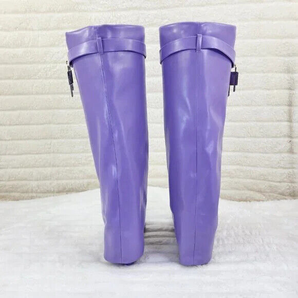 Fold Over Skirted Knee Boots 3" Wedge Heel Pull On Half Zipper Lilac Purple - Totally Wicked Footwear